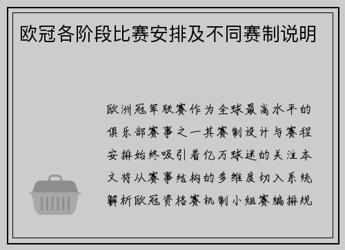 欧冠各阶段比赛安排及不同赛制说明
