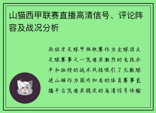 山猫西甲联赛直播高清信号、评论阵容及战况分析